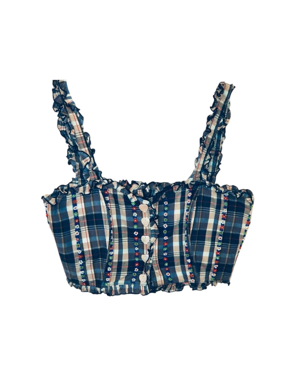 Ruffled Plaid Beaded Crop Top