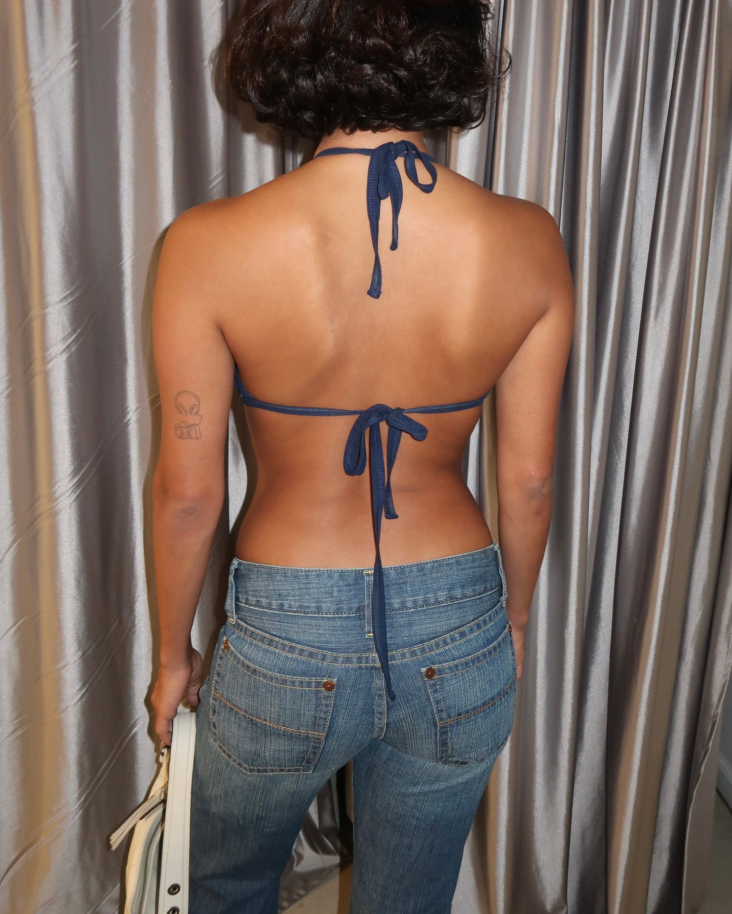 Navy Embellished Halter Crop Top