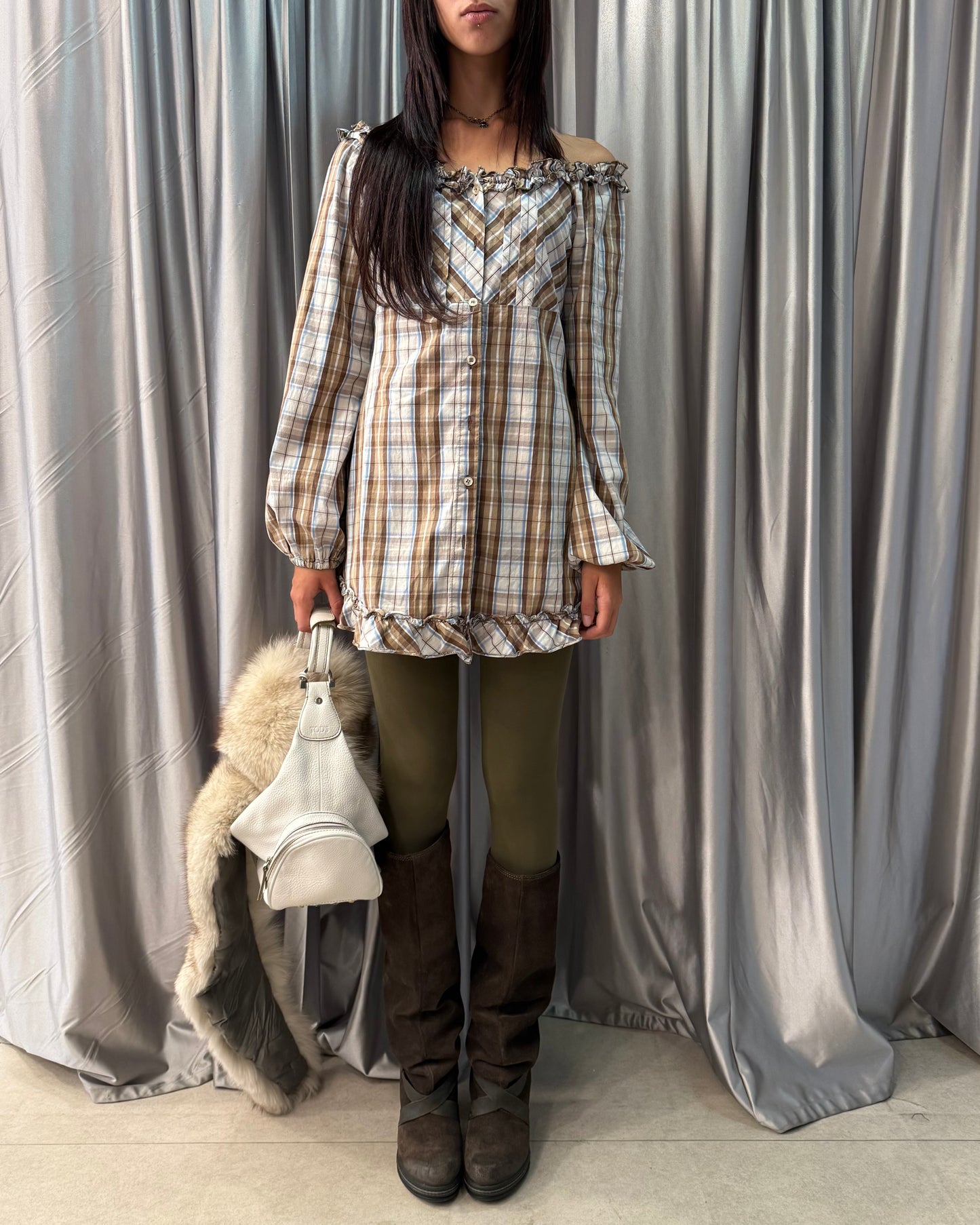 Off-the-Shoulder Plaid Ruffle Dress