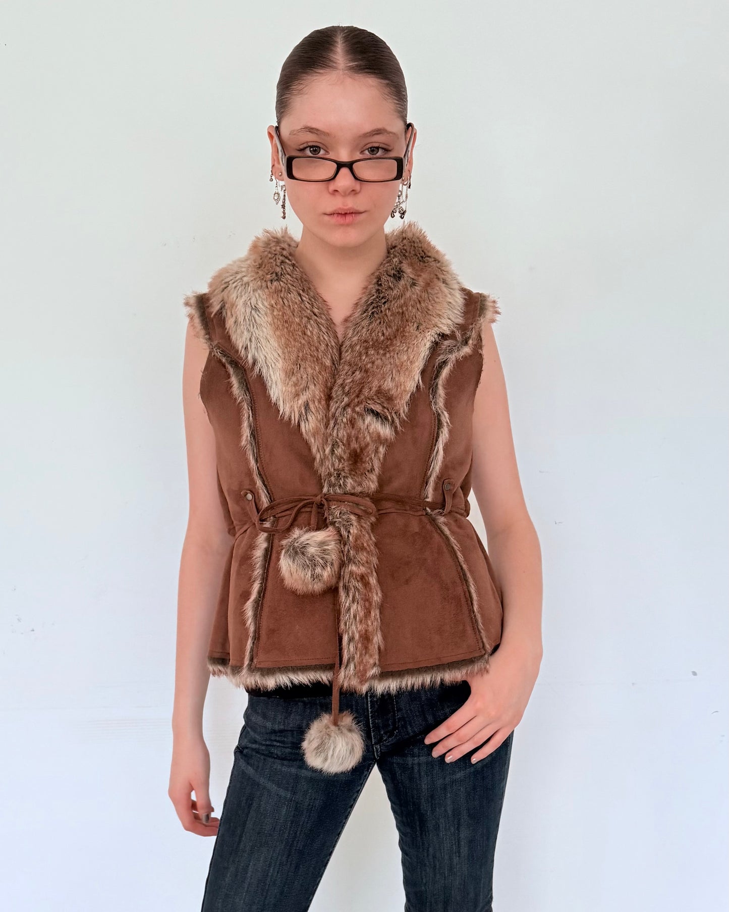 Brown Suede Vest with Faux-Fur Trim