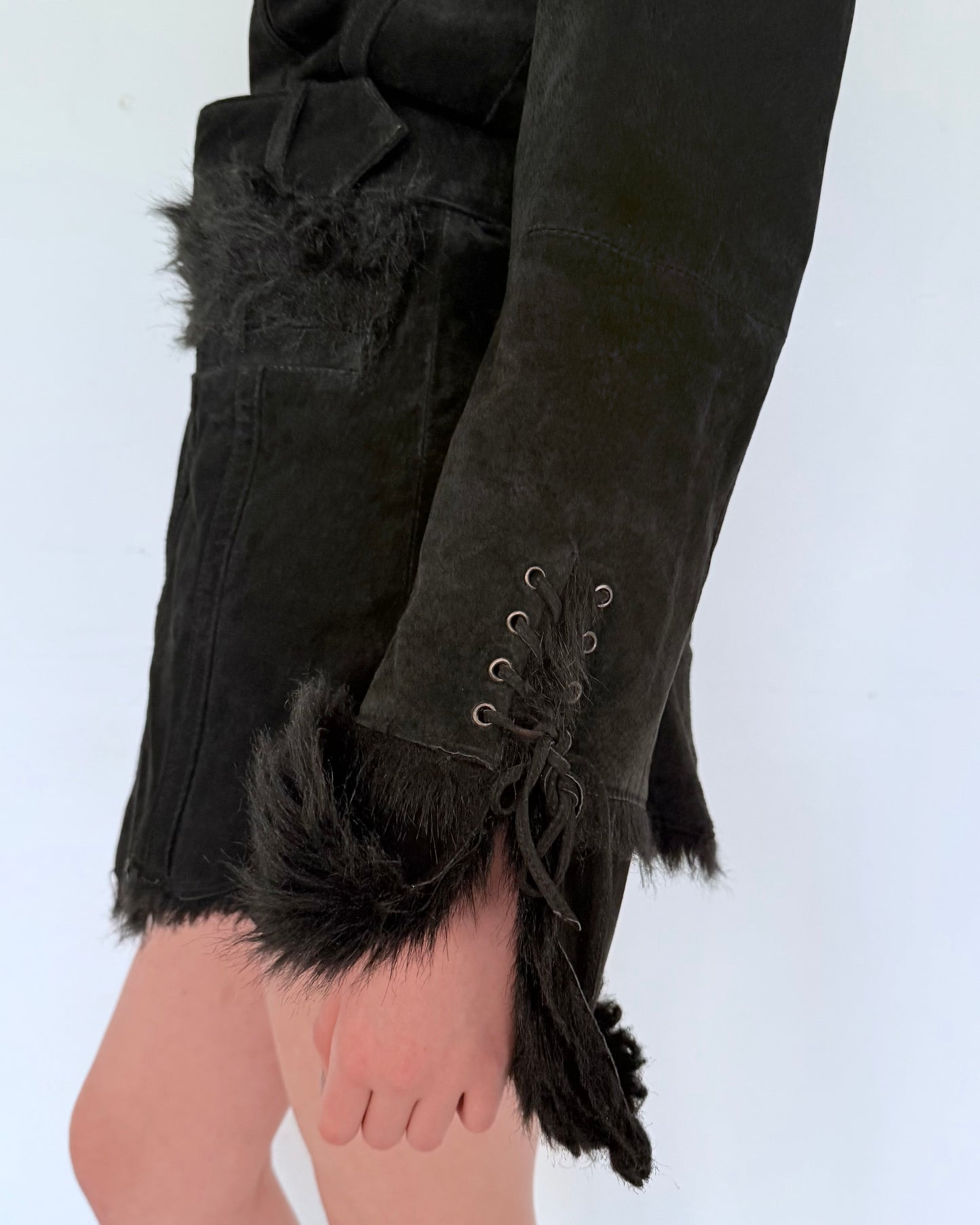 Black Suede Coat with Faux Fur Trim with Waist Belt