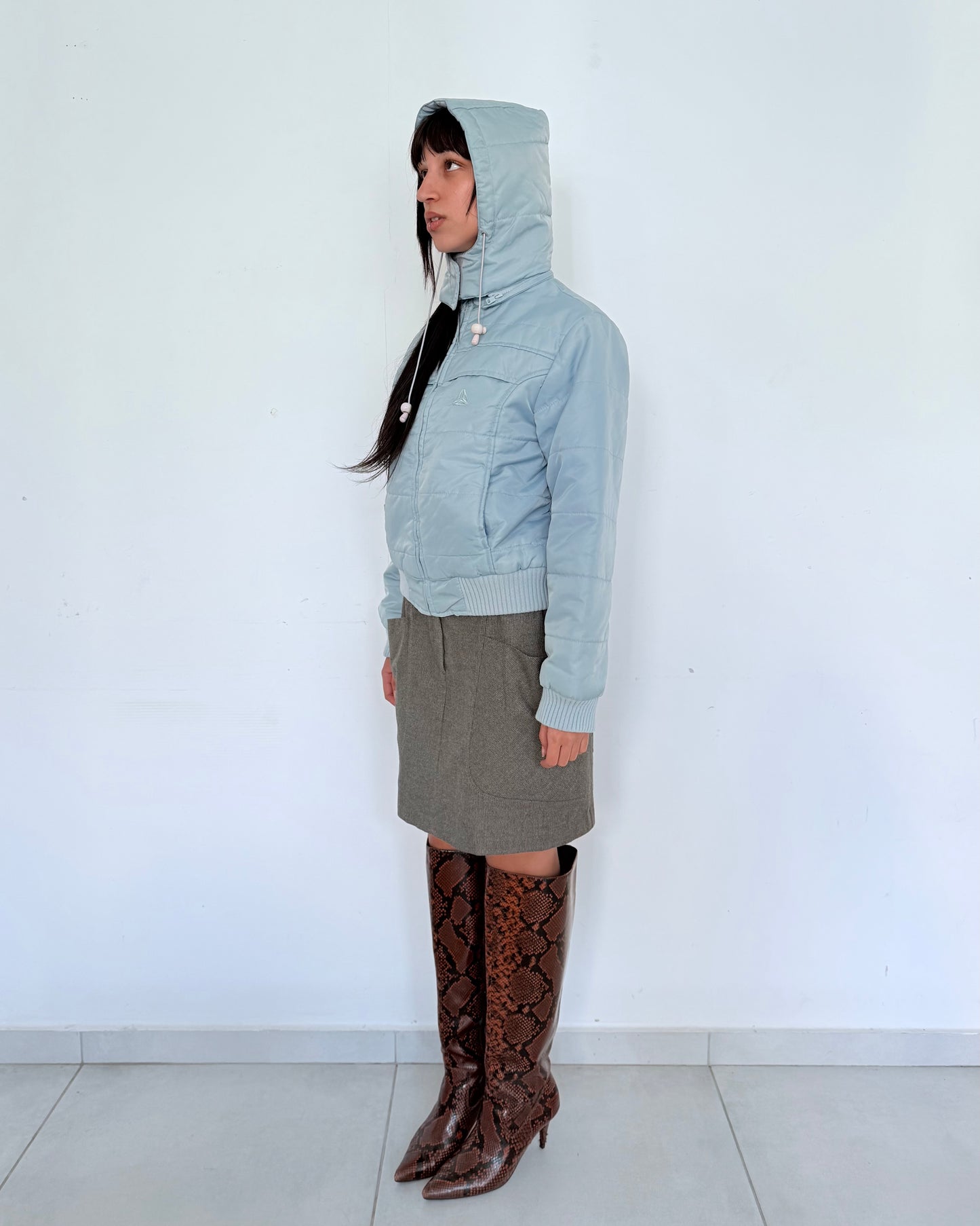 Light Blue Puffer Jacket with Ribbed Hem