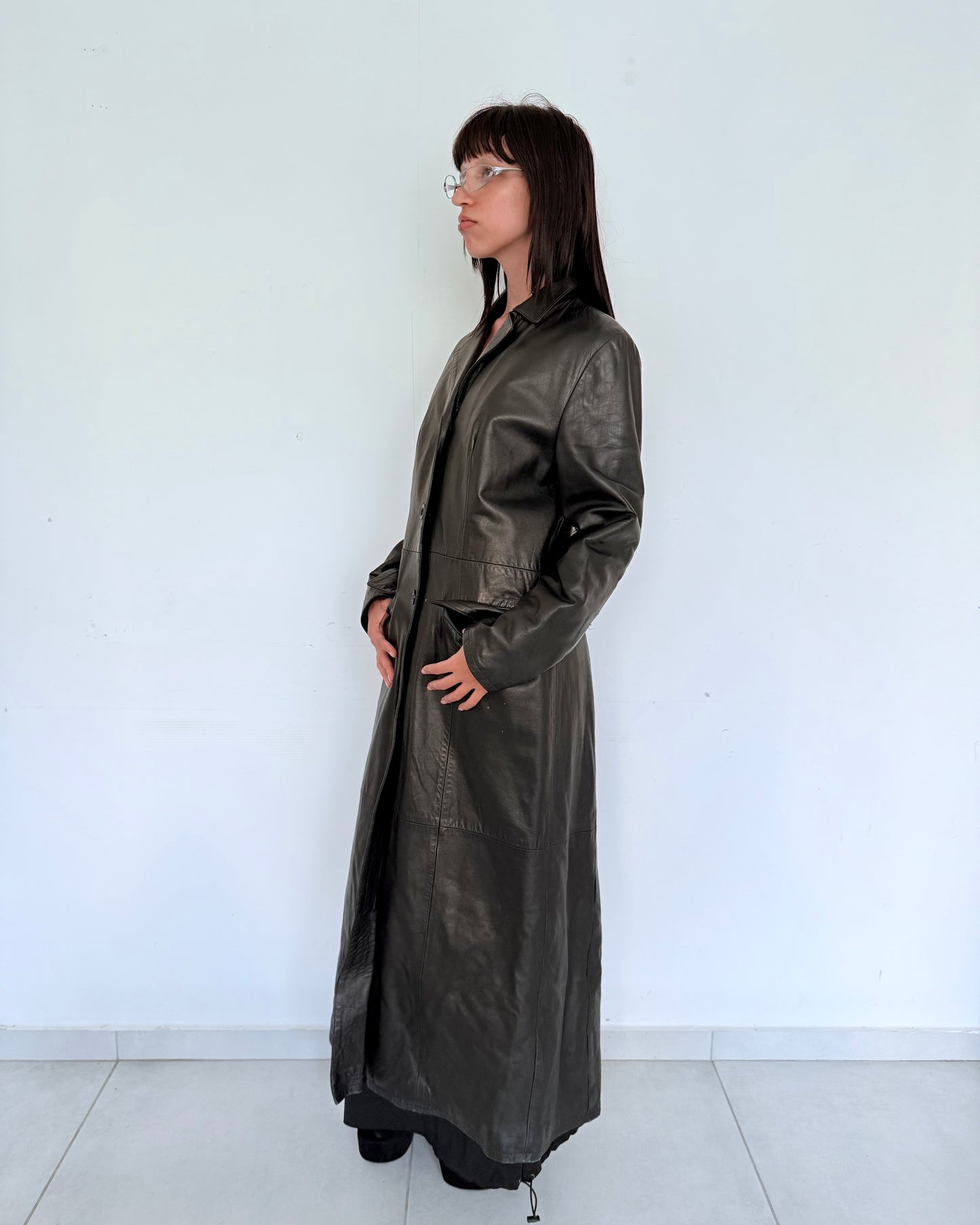Long Black Real Leather Trench Coat