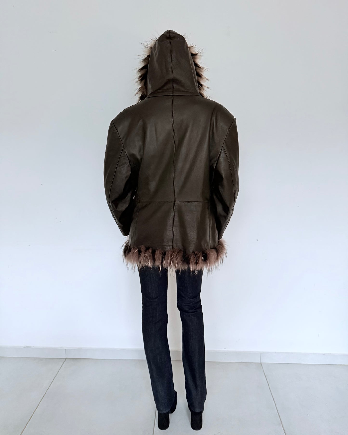 Leather Coat with Natural Fur Trim & Hood