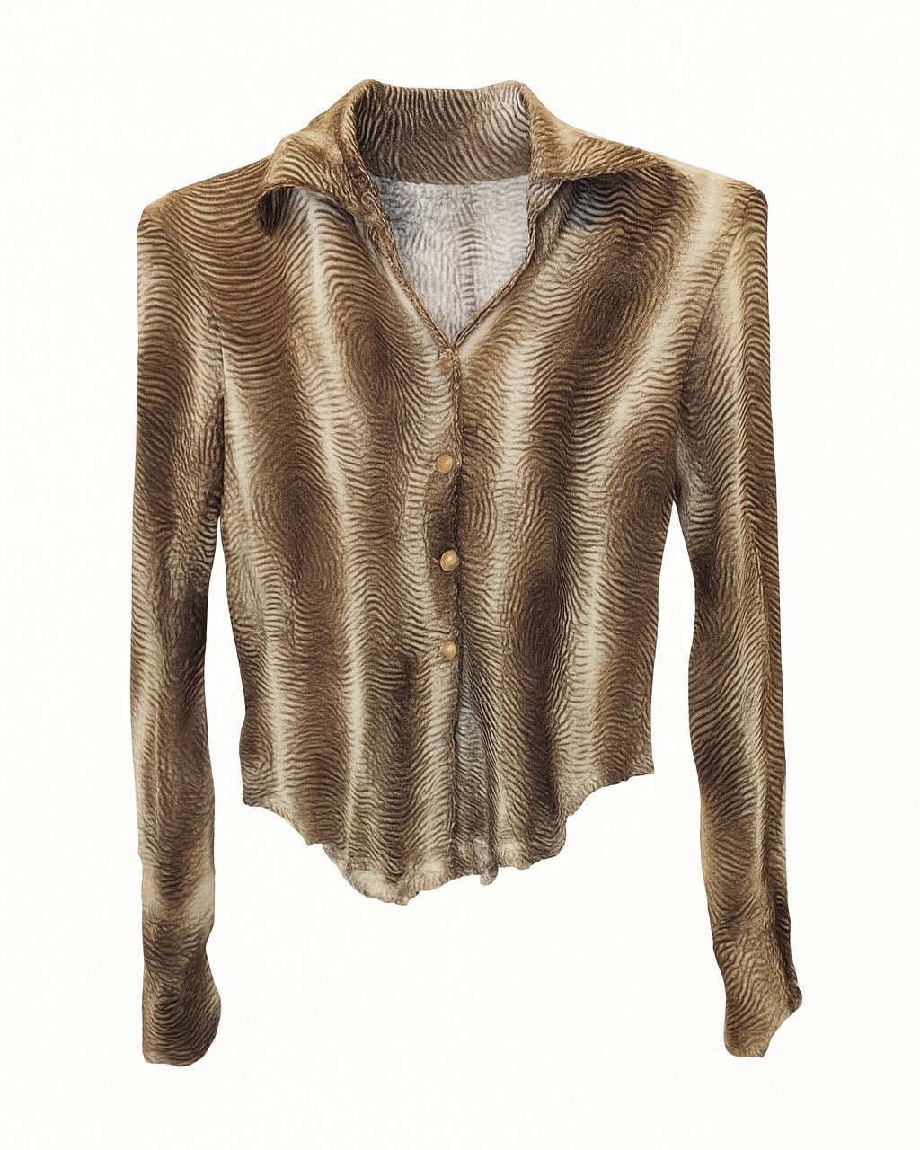 Brown Sheer Wave-Pattern Button Top