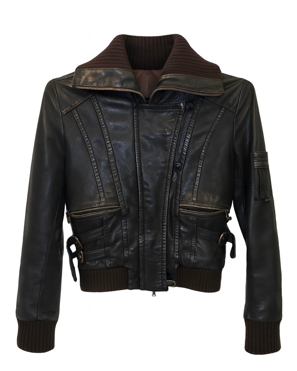Black Leather Bomber Jacket with Knit Trim