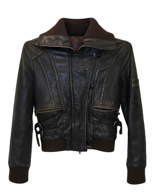 Black Leather Bomber Jacket with Knit Trim