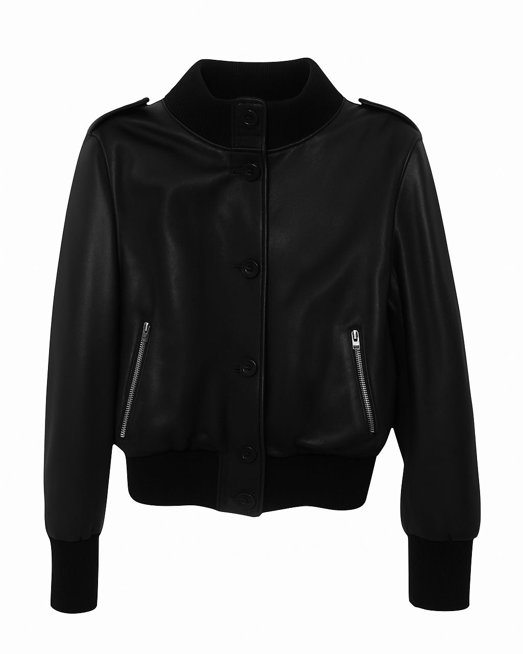 Black Leather Bomber Jacket with Ribbed Trim