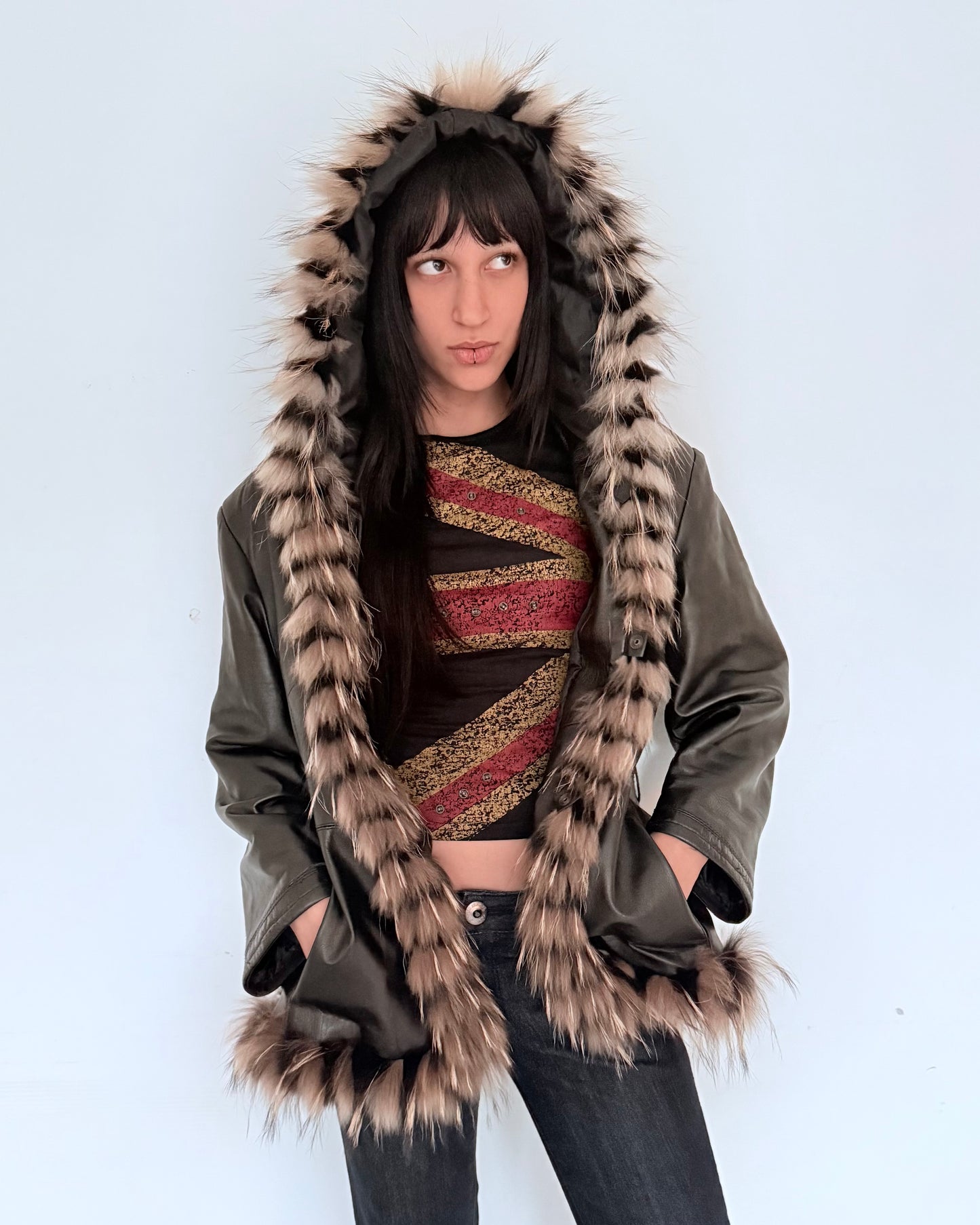 Leather Coat with Natural Fur Trim & Hood
