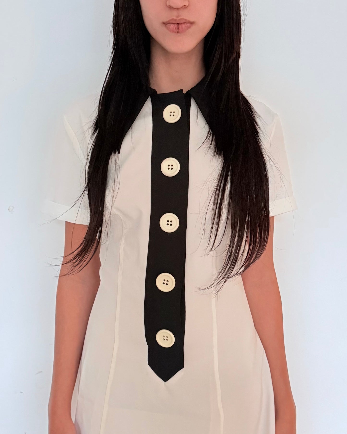 White Mini Dress with Black Contrast Buttons