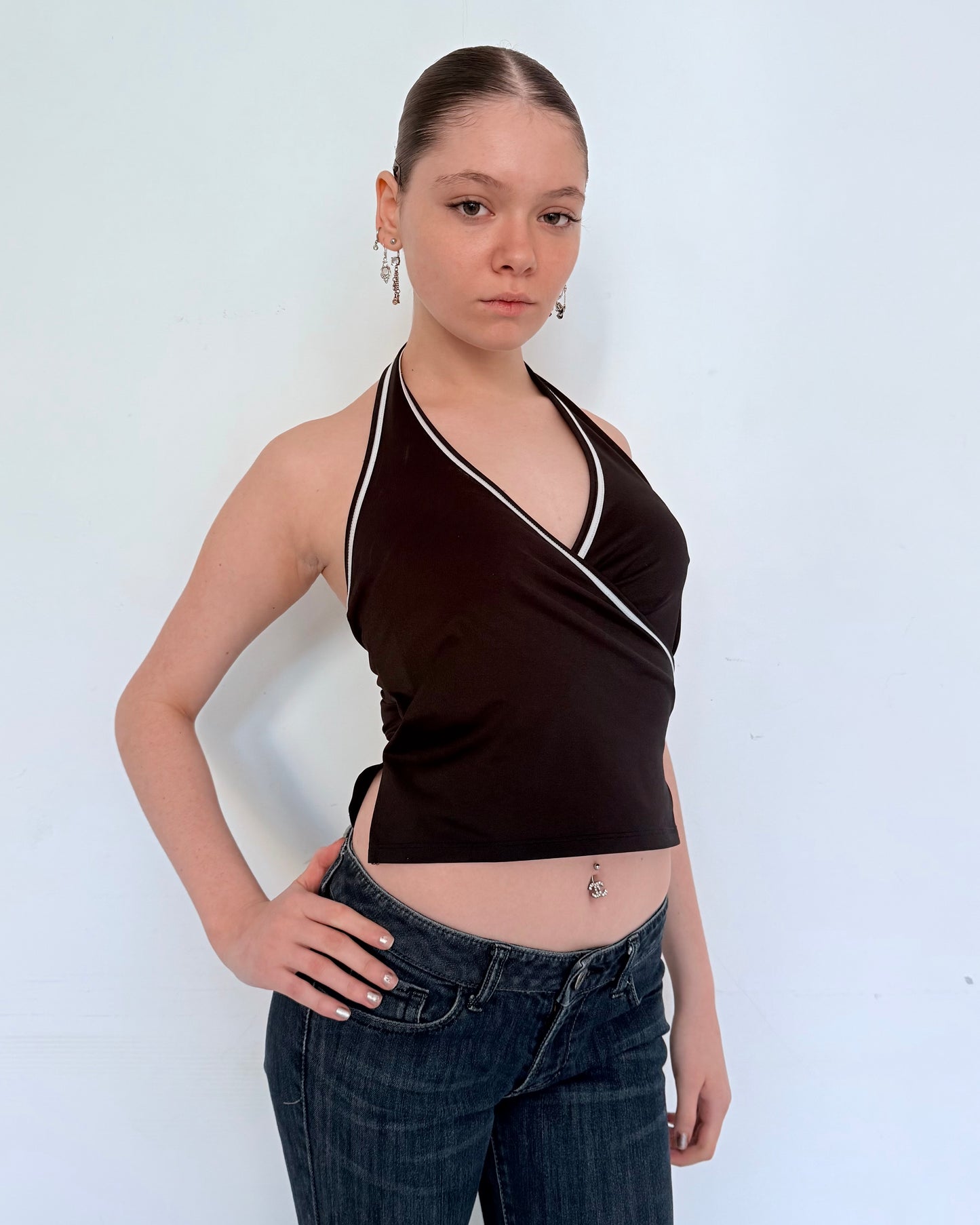 Black Deep V Halter Top with White Trim