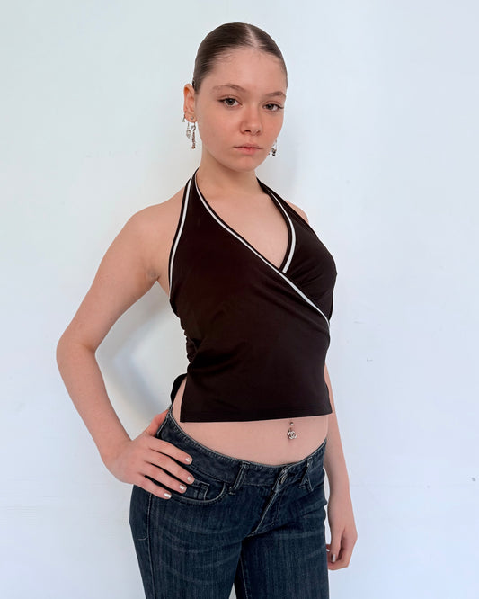 Black Deep V Halter Top with White Trim
