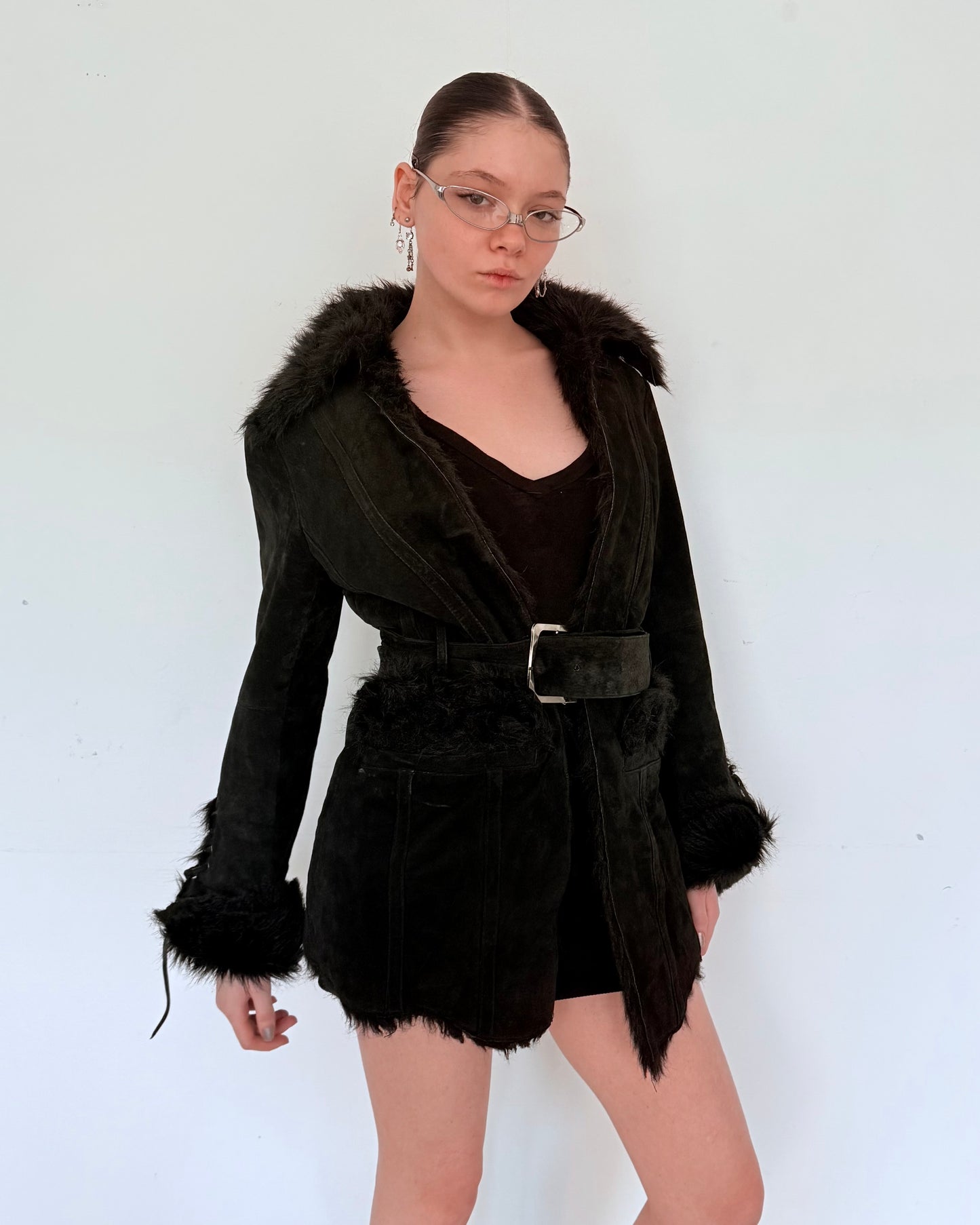 Black Suede Coat with Faux Fur Trim with Waist Belt