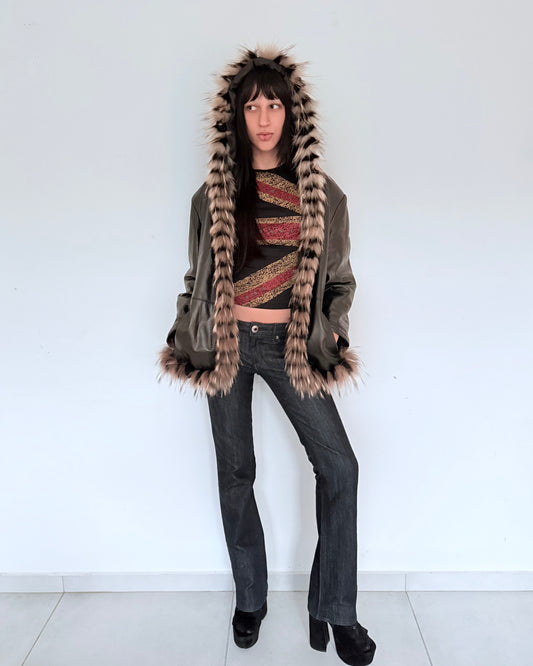 Leather Coat with Natural Fur Trim & Hood