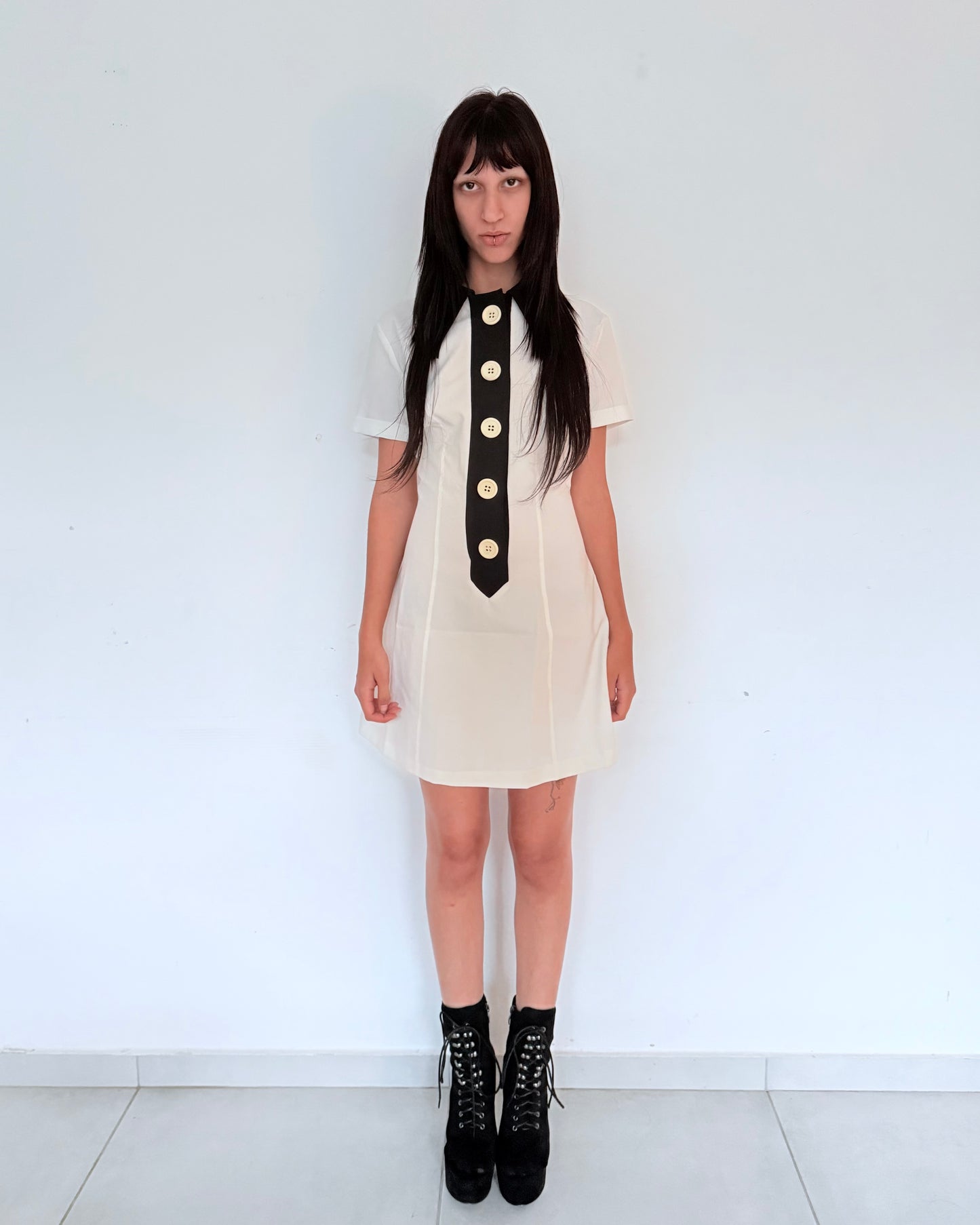 White Mini Dress with Black Contrast Buttons