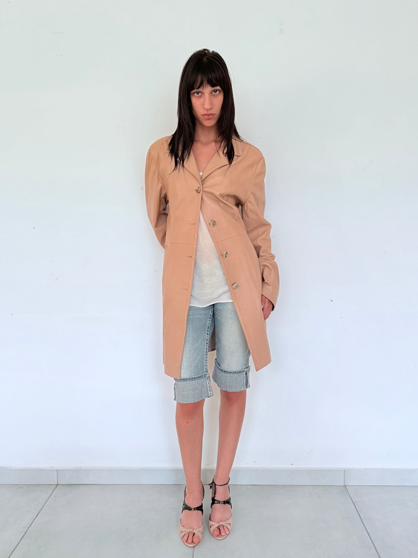 Beige Leather Button-Up Coat