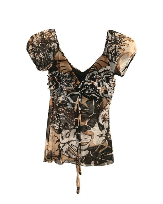 Sheer Abstract Floral Tie-Front Top