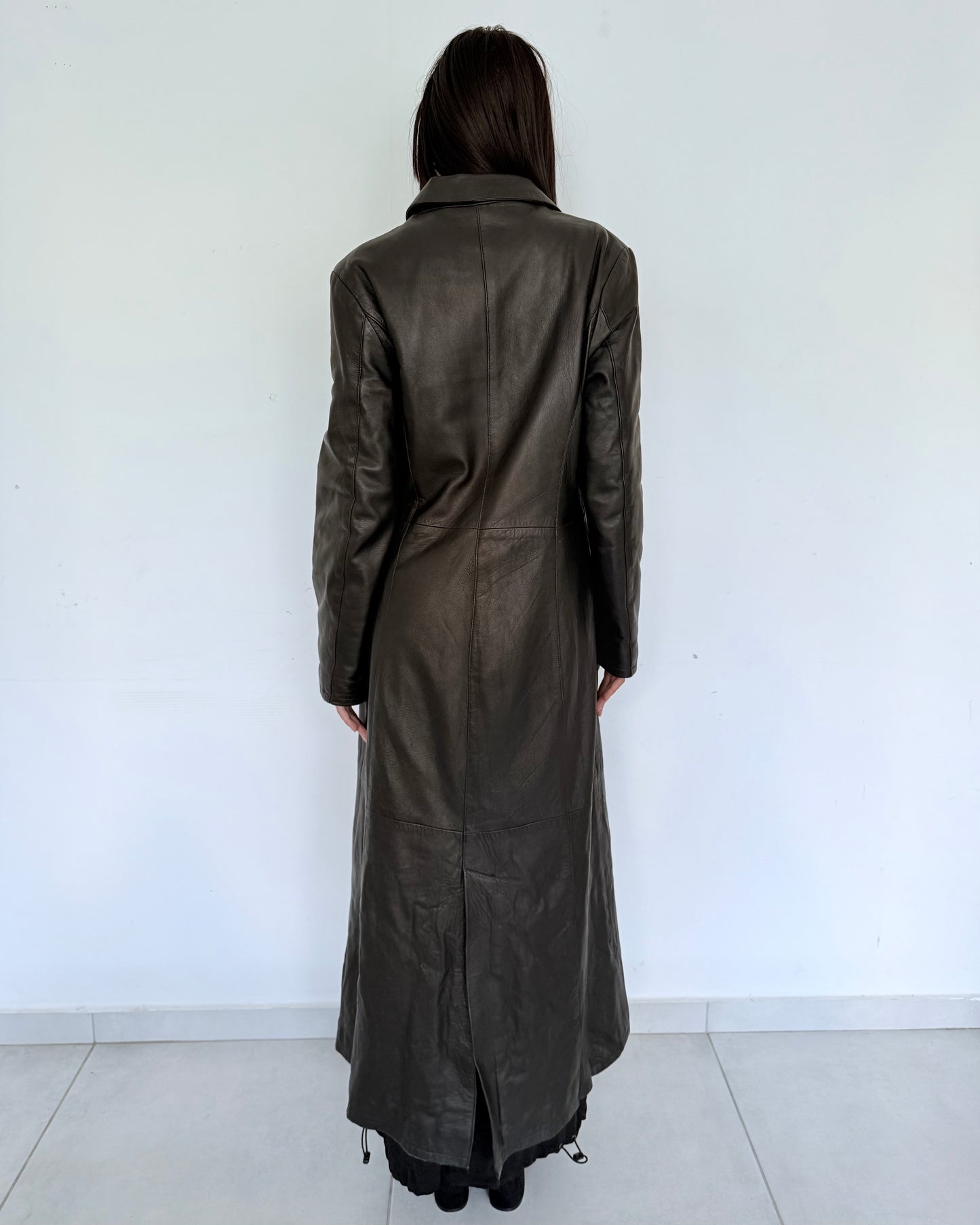 Long Black Real Leather Trench Coat
