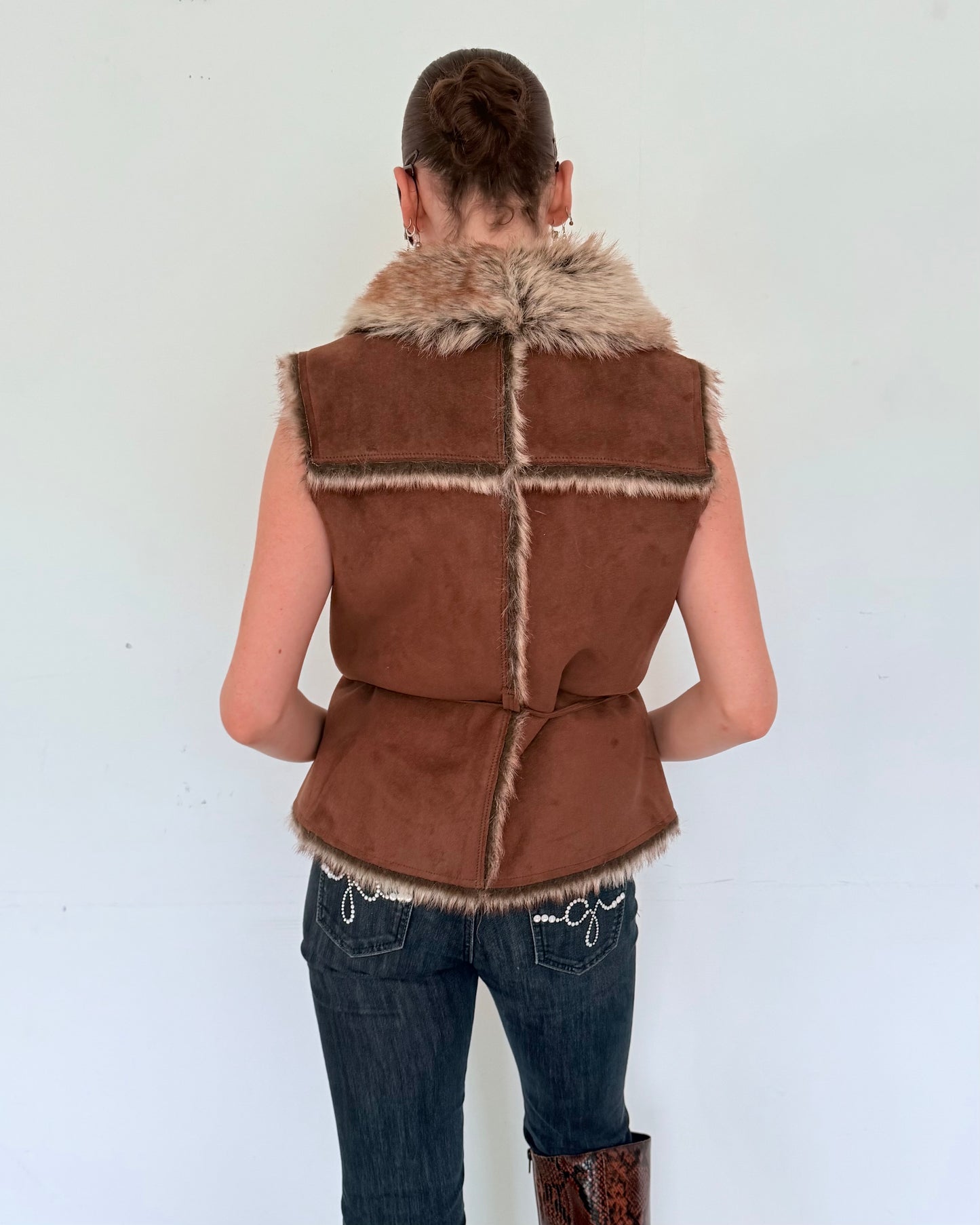 Brown Suede Vest with Faux-Fur Trim