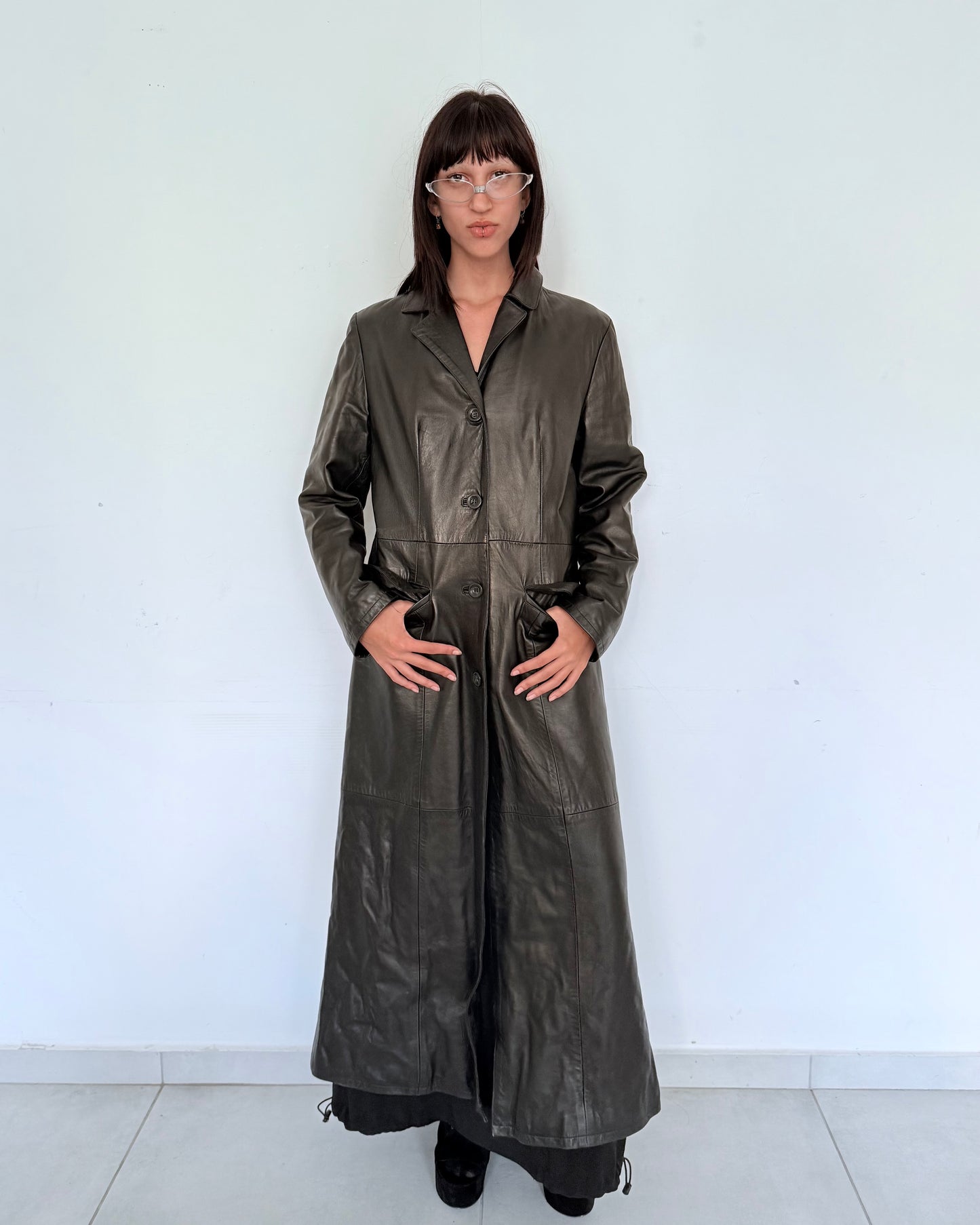 Long Black Real Leather Trench Coat