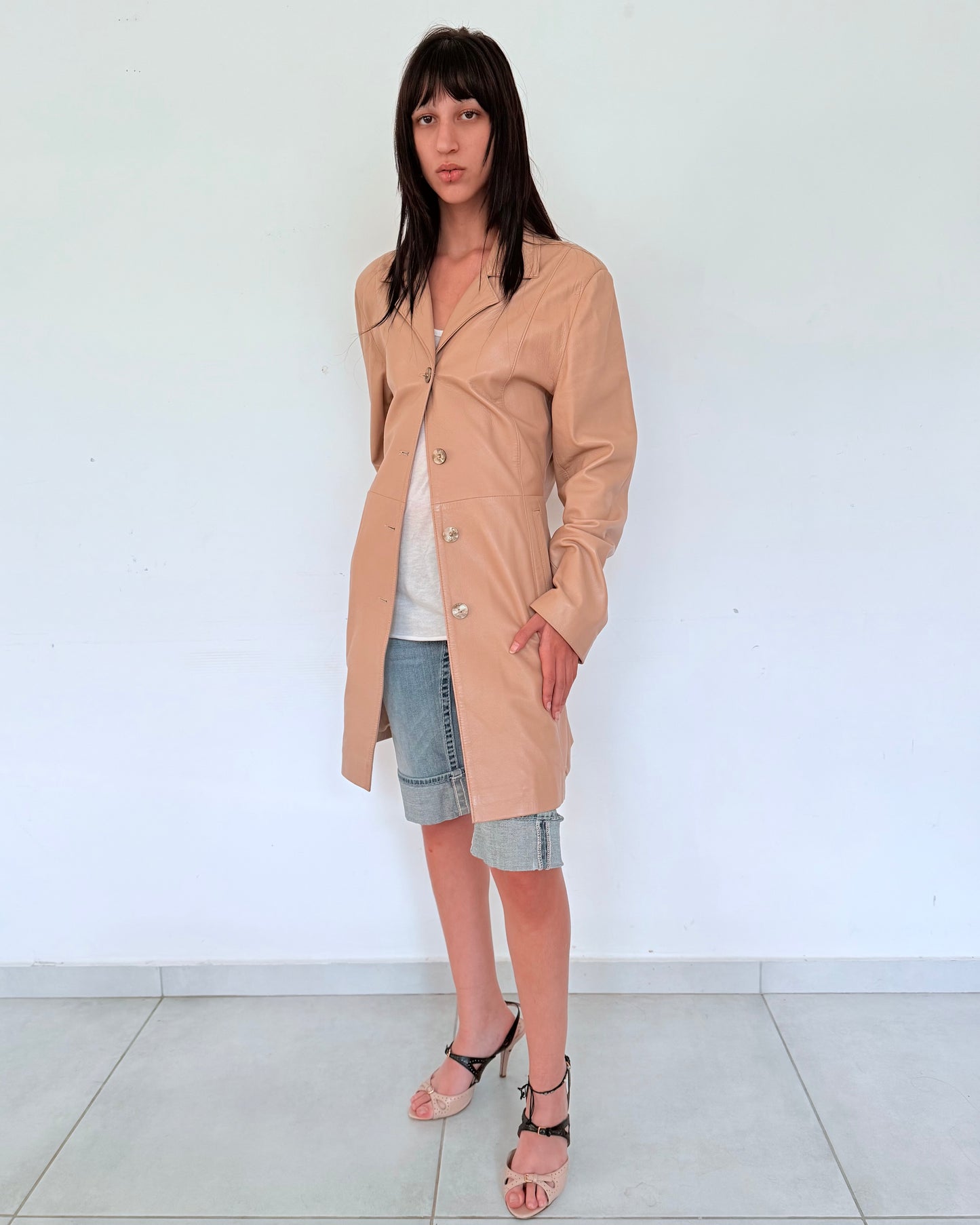 Beige Leather Button-Up Coat