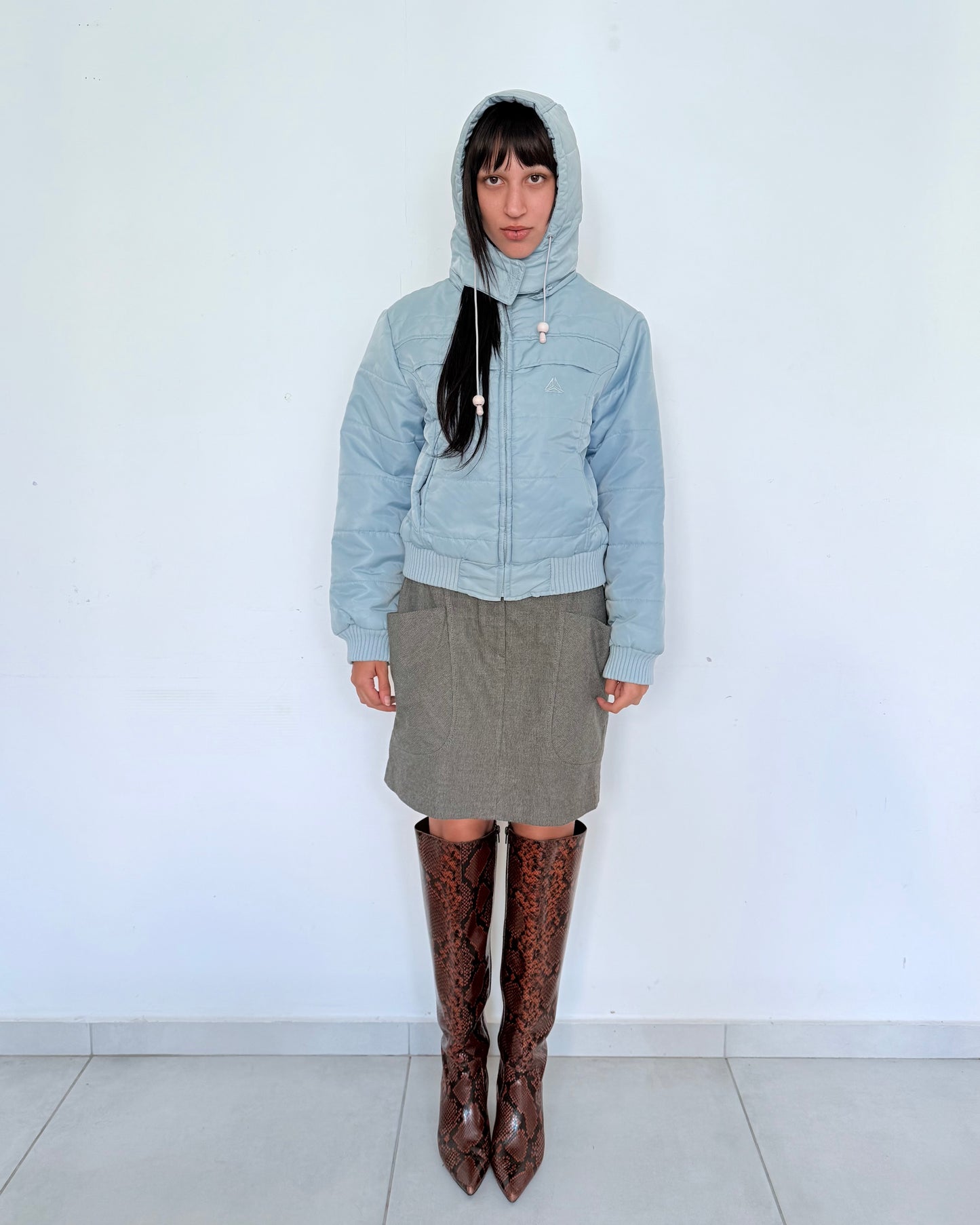 Light Blue Puffer Jacket with Ribbed Hem