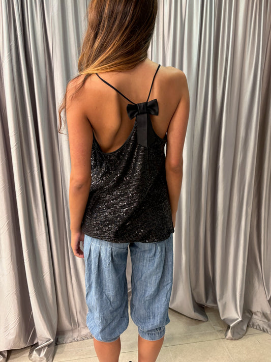 Black Sequin Bow Back Cami Top