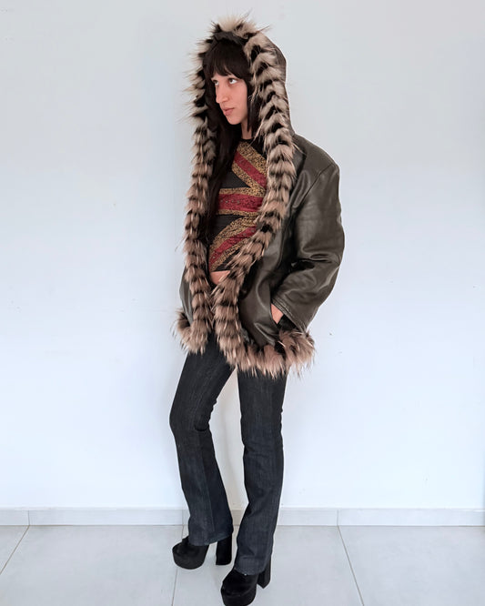 Leather Coat with Natural Fur Trim & Hood