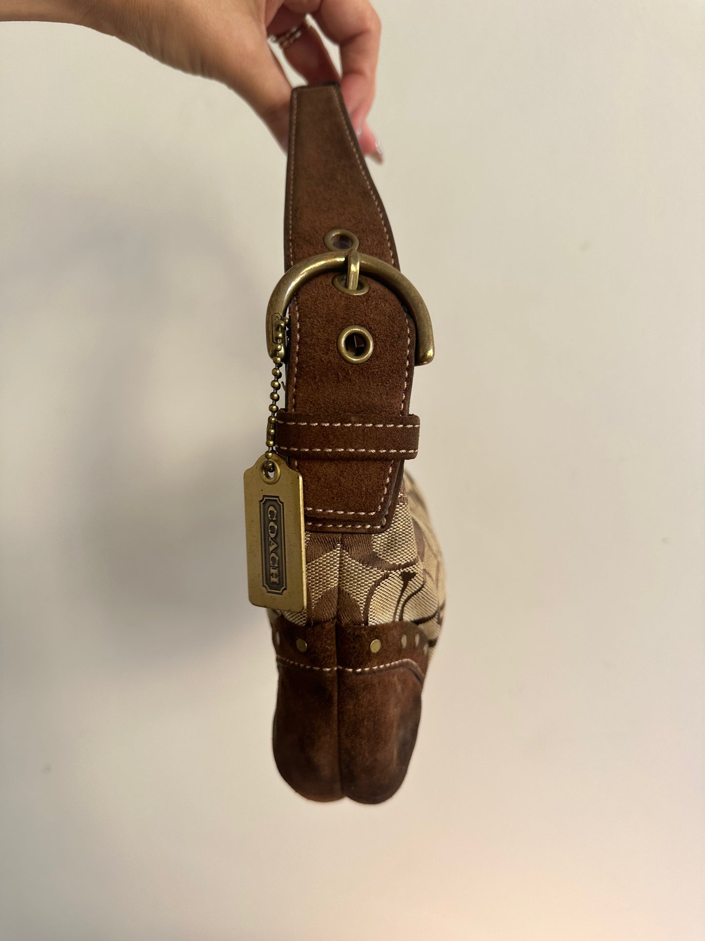 Coach Brown Suede Monogram Shoulder Bag