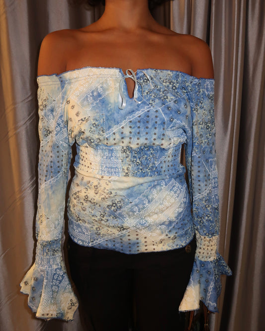 Blue Patchwork Off-Shoulder Top
