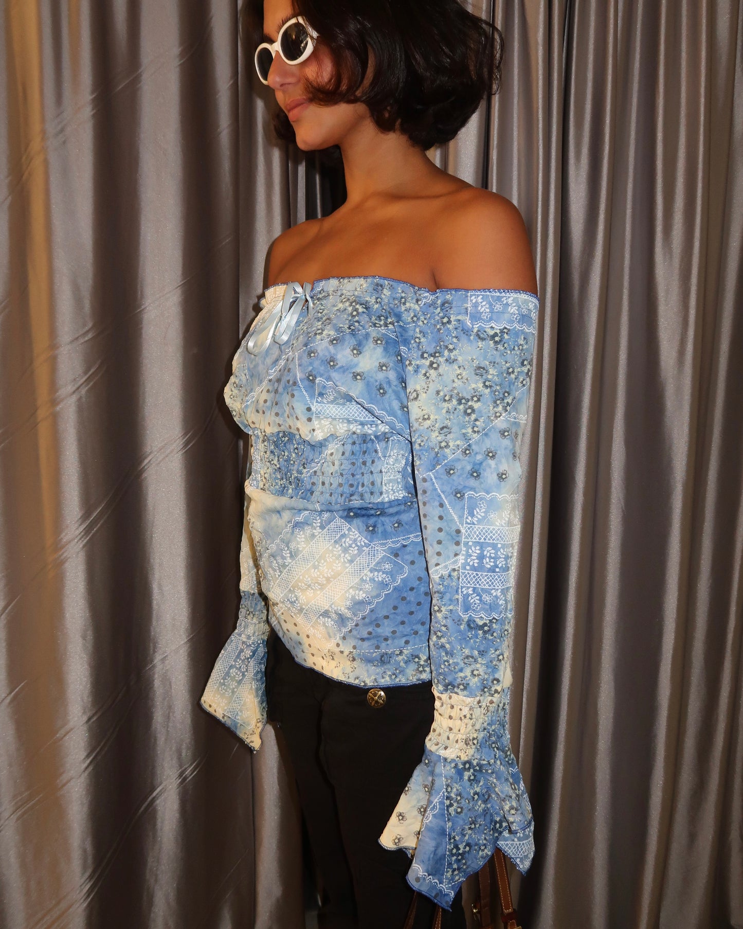 Blue Patchwork Off-Shoulder Top