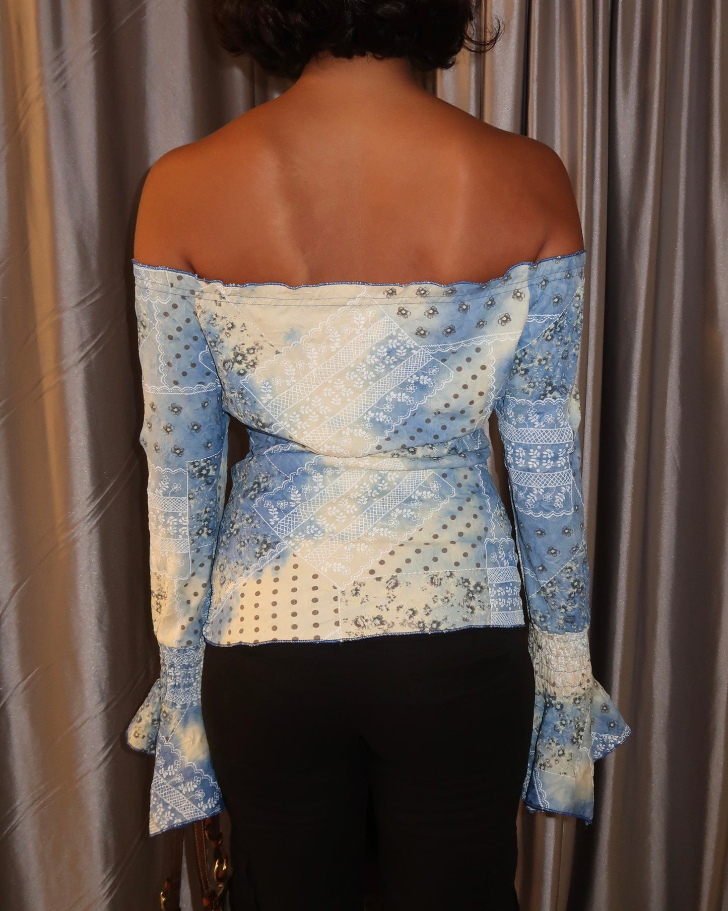 Blue Patchwork Off-Shoulder Top