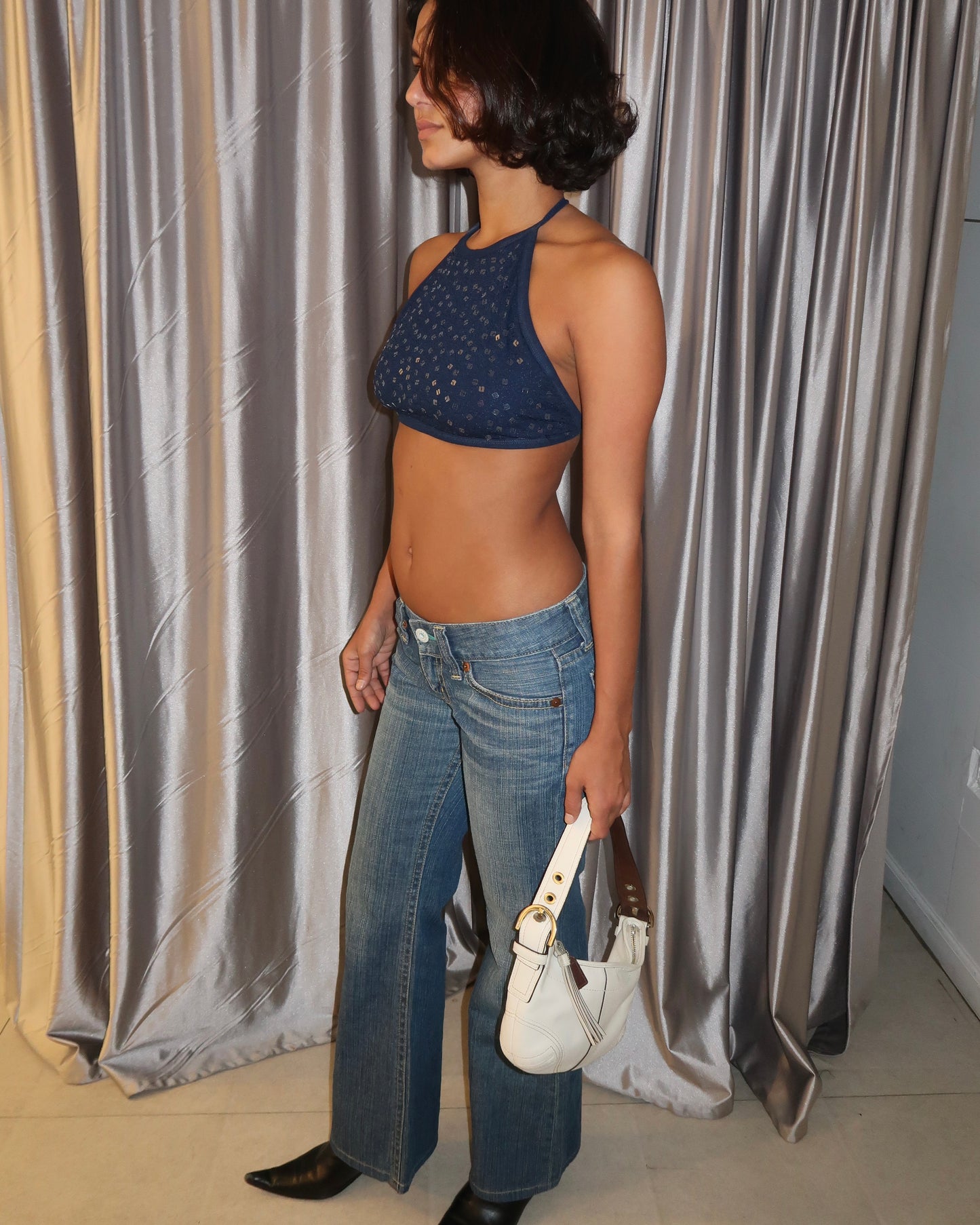 Navy Embellished Halter Crop Top