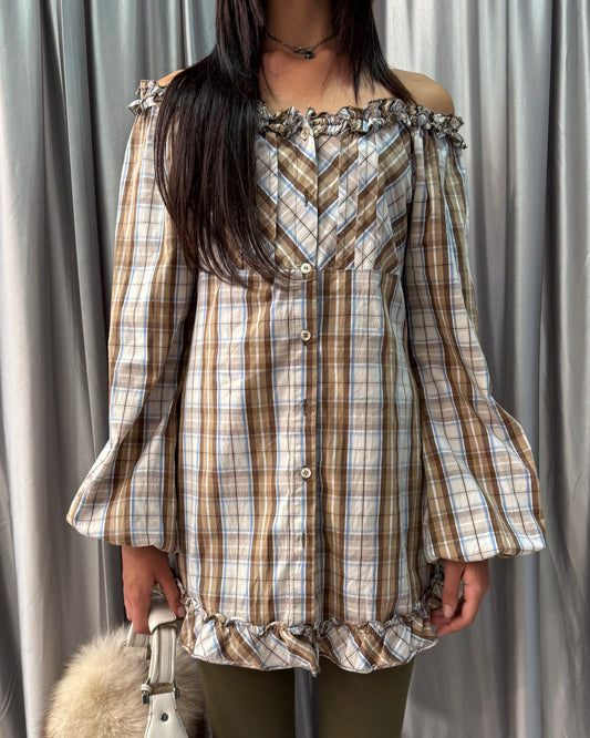 Off-the-Shoulder Plaid Ruffle Dress