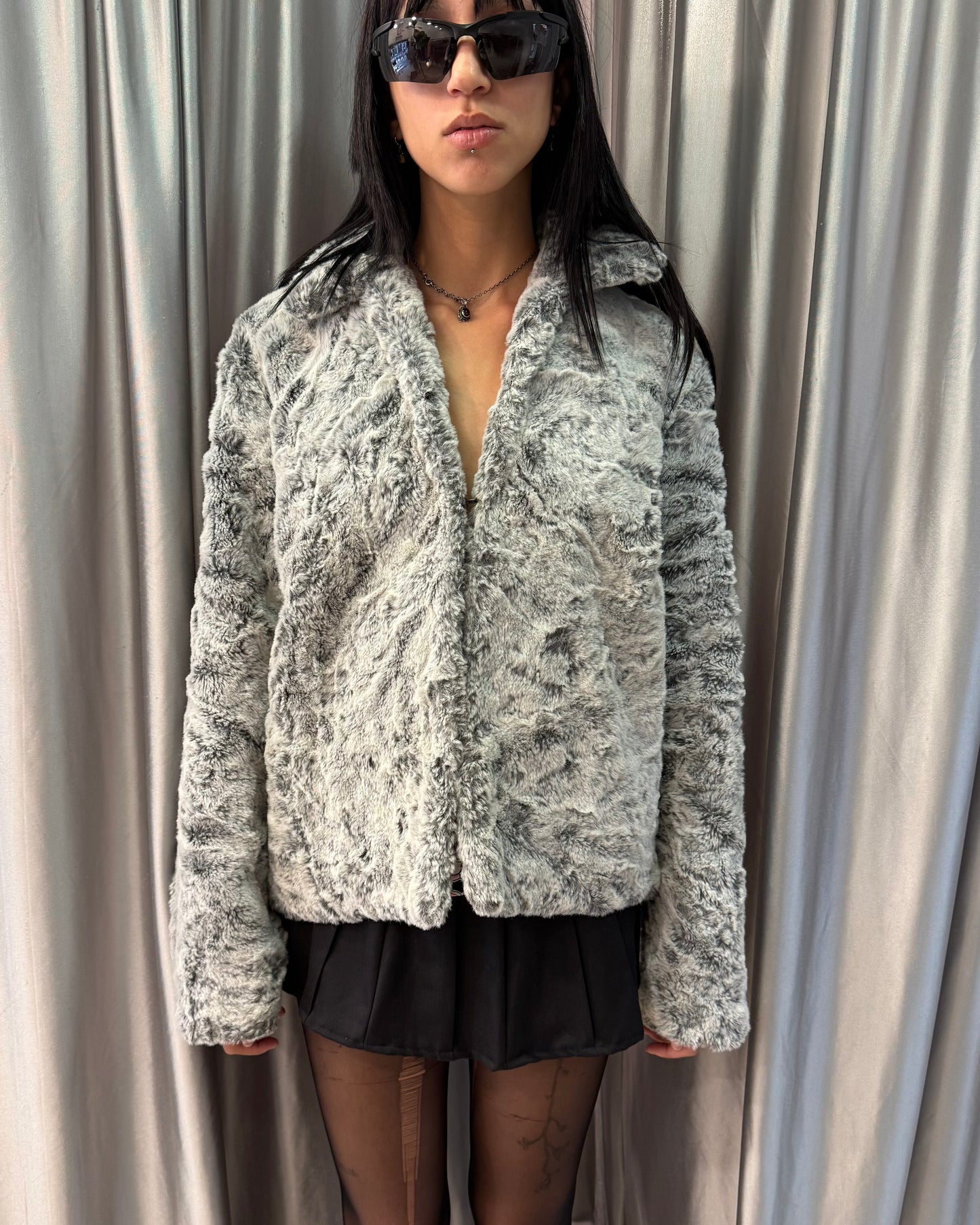 Grey Plush Faux-Fur Jacket