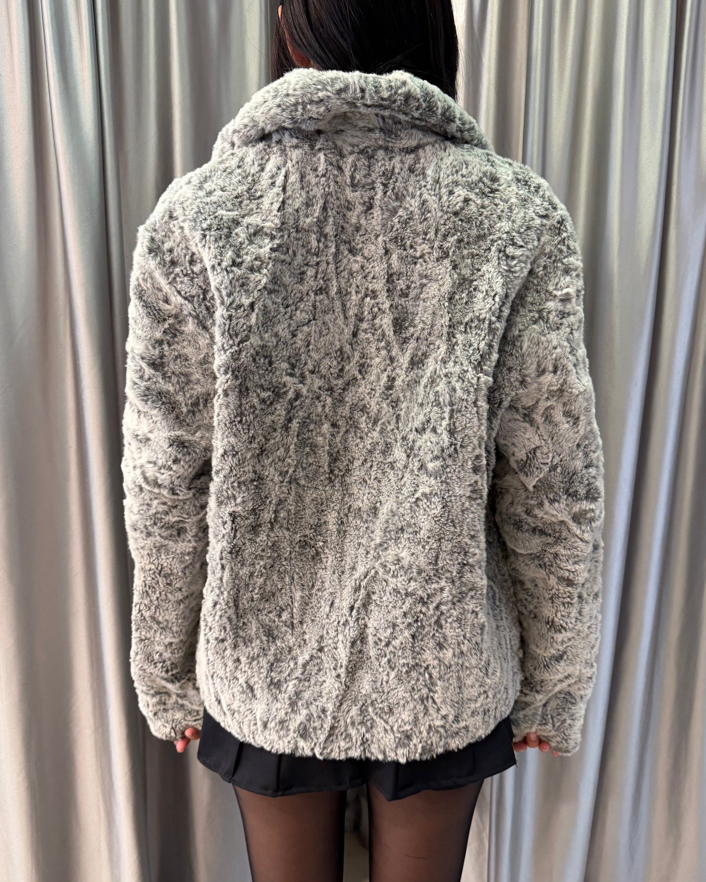 Grey Plush Faux-Fur Jacket