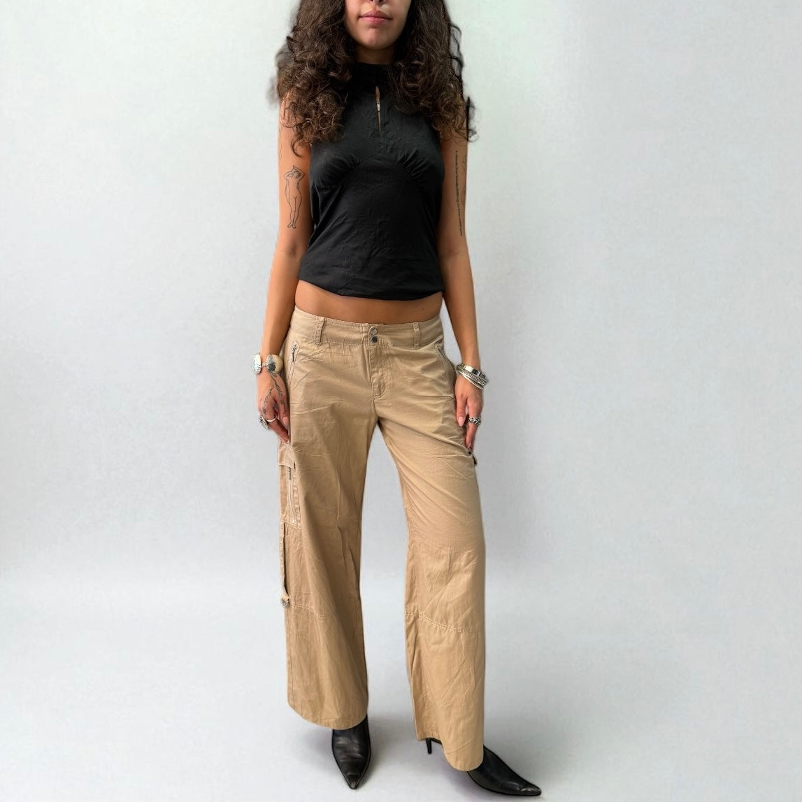 Beige Wide-Leg Cargo Pants