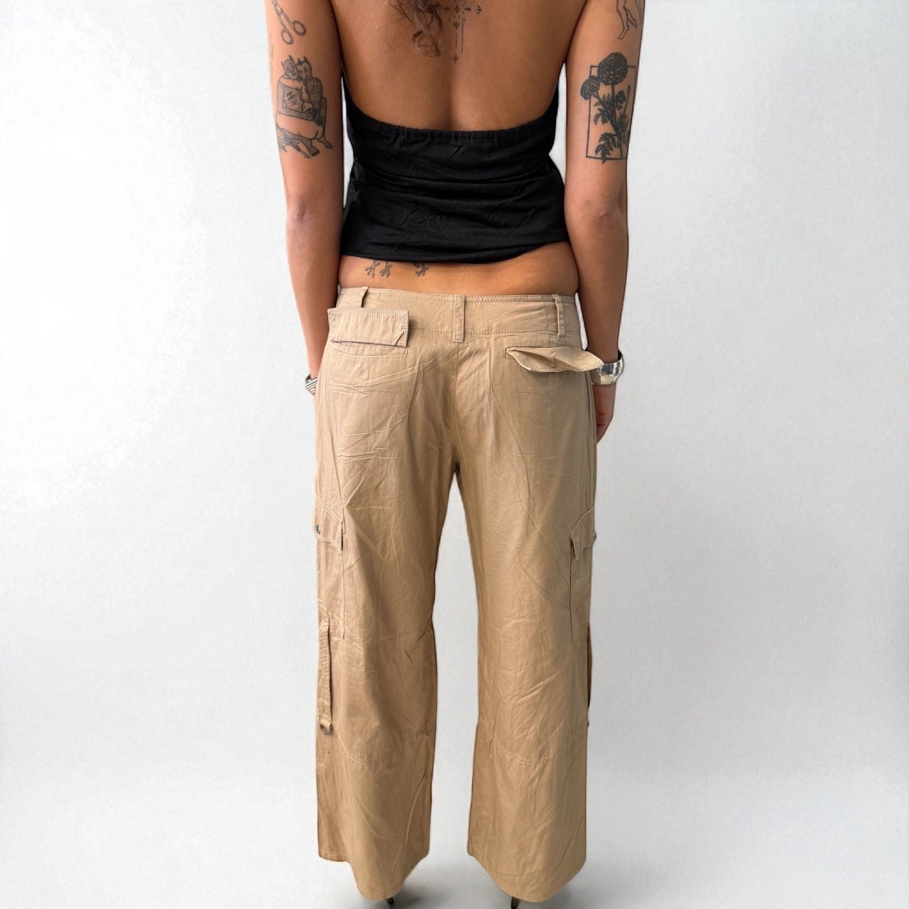 Beige Wide-Leg Cargo Pants