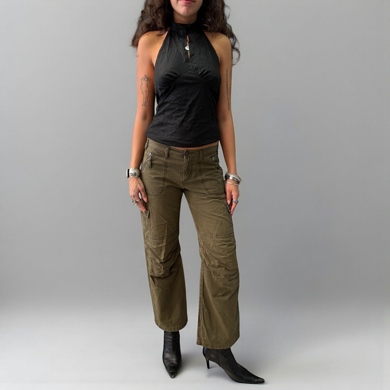 Green Cargo Pants with Zipper Details