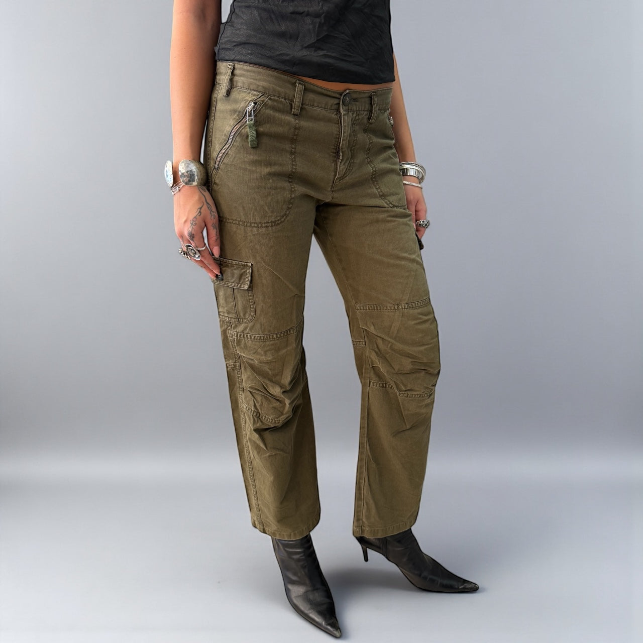 Green Cargo Pants with Zipper Details