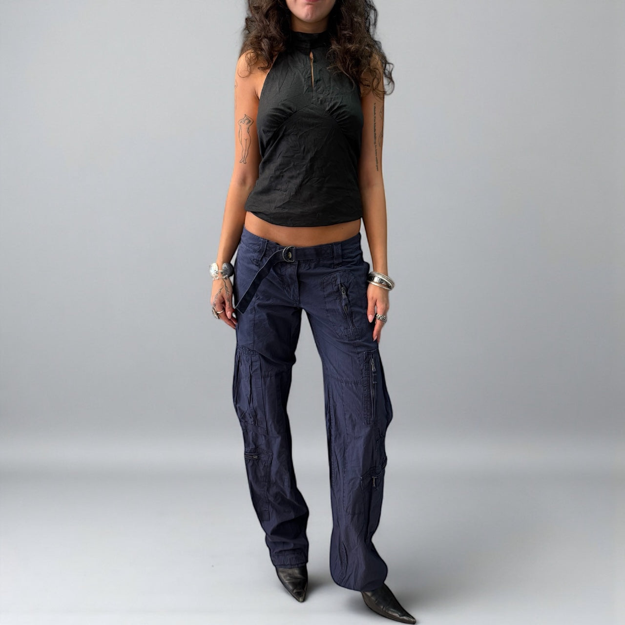 Navy Blue Cargo Pants with Belt Detail