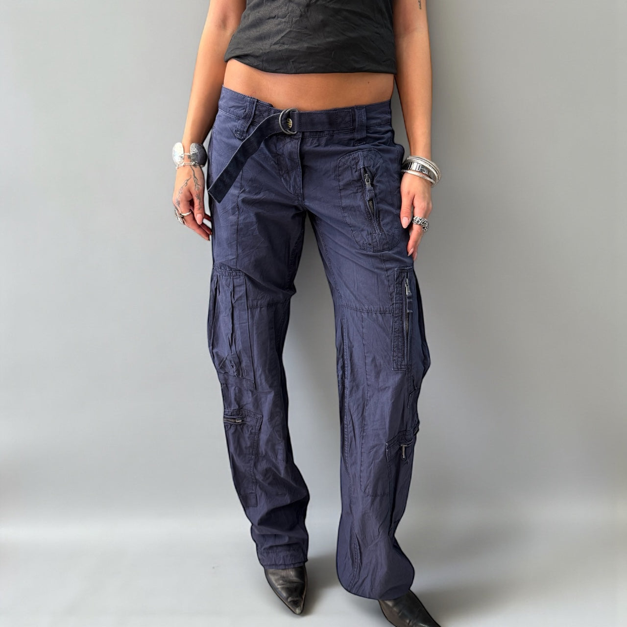 Navy Blue Cargo Pants with Belt Detail