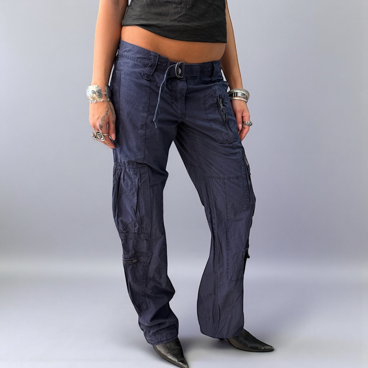 Navy Blue Cargo Pants with Belt Detail